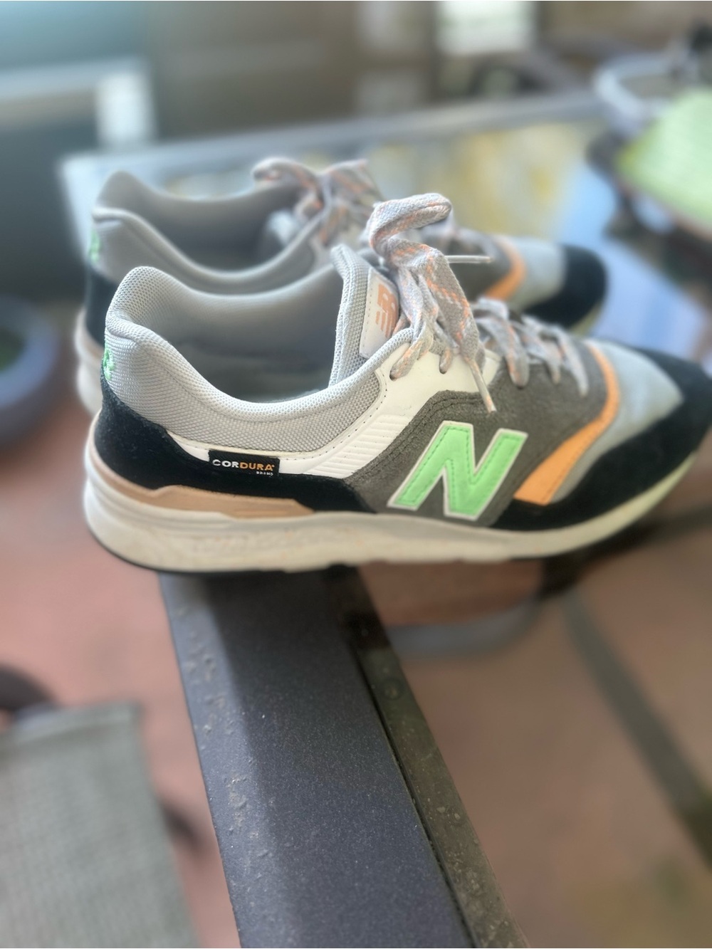 New Balance Gray, Black & Green Sneakers with Orange Trim